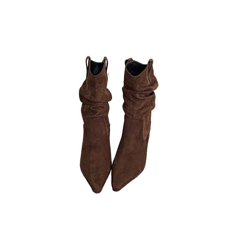 European and American style pointed-toed pleated piled boots women's 2025 autumn fine-heeled short denim bare boots high-heeled temperament short boot