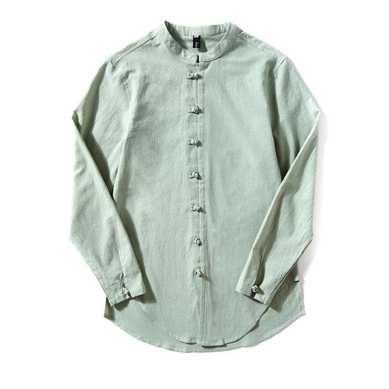 Jarní lněné košile Muži Čínský styl Retro košile s dlouhým rukávem a zapínáním na knoflíky Jednobarevné Stojací límečky Volné Topy velkých velikostí