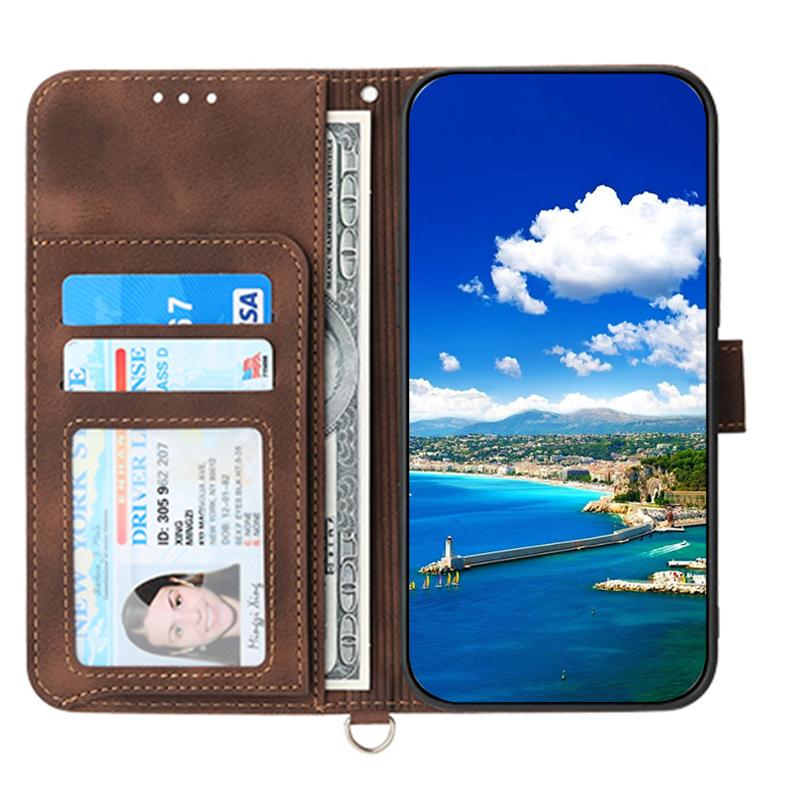 

For Sony Xperia 5 V Case Imprinted Anti-drop Leather Phone Cover with Hand Strap+Shoulder Strap Brown