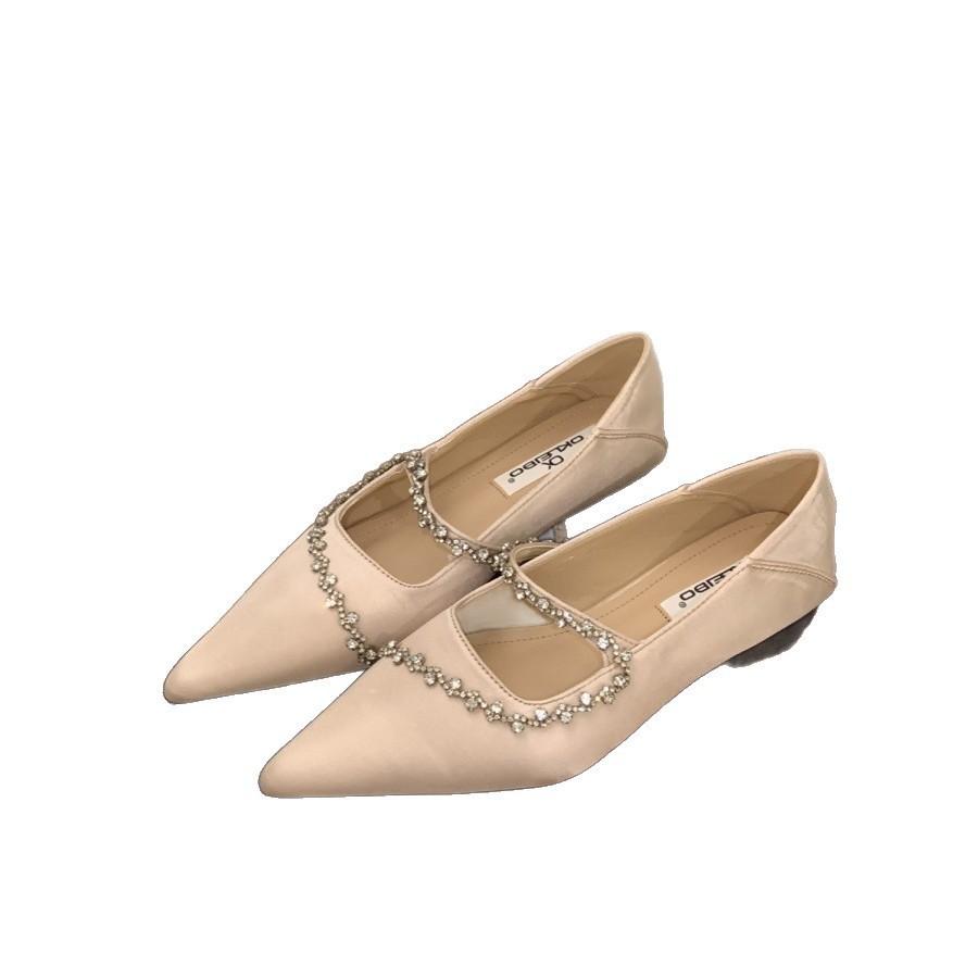 2025 Spring and Summer New Light Luxury Curved Rhinestone Temperament Versatile Pointed Thick Heel Low Heel Soft Sole Single Shoes Women