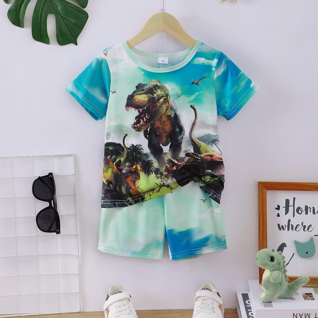 2-teiliges Sommer-Kleidungsset für Jungen, kurzärmliges Oberteil mit Dinosaurier-Print und Shorts, cooles, bequemes Kostüm für Jungen im Alter von 4–7 Jahren