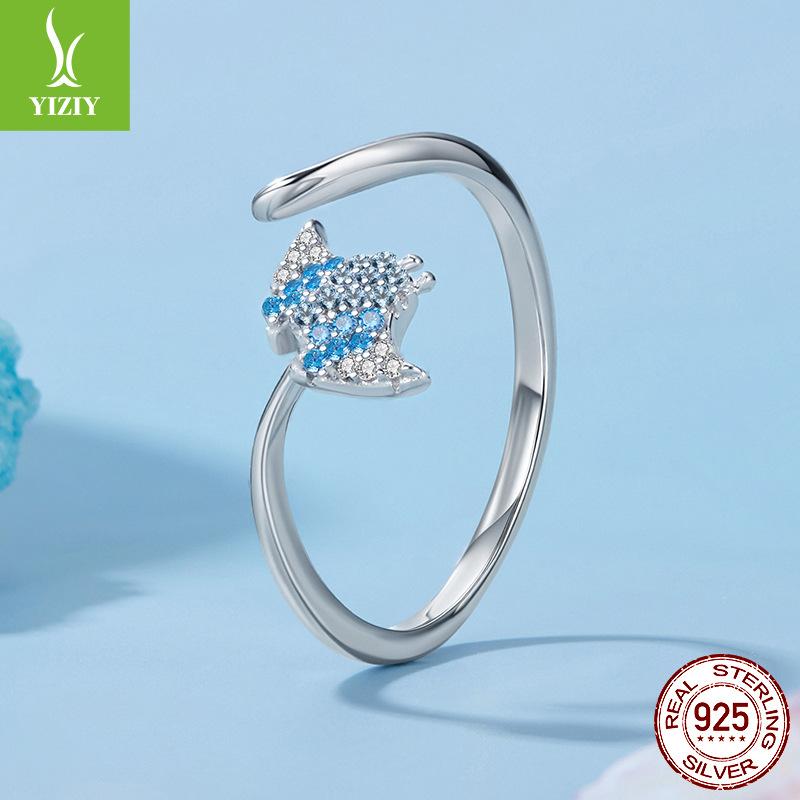 S925 Sterling Silver Blue Devil Fish Open Ring, Personalized Creative Silver Ring Jewelry
