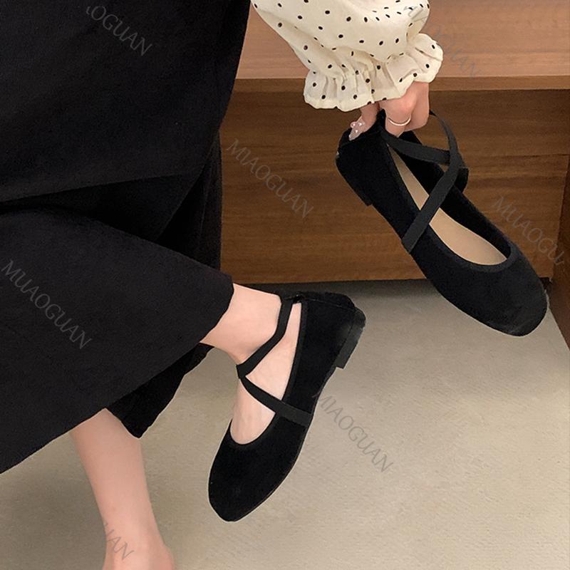 Fashion Spring Women Flats Shallow Mouth Square Toe Shoes Woman Casual Solid Color Soft Bottom Mary Jane Shoes Cross Strap Ballet Flat