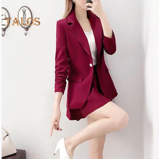 2Pcs/Set Coat Skirt Set Women Spring Autumn Lapel Long Sleeve Single Button Suit Coat Pleated Mini Skirt Set Solid Color Set