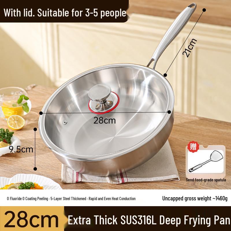 316 Stainless Steel Non-Stick Wok, Flat Bottom, Induction Compatible, Deepened Stir-Fry Pan