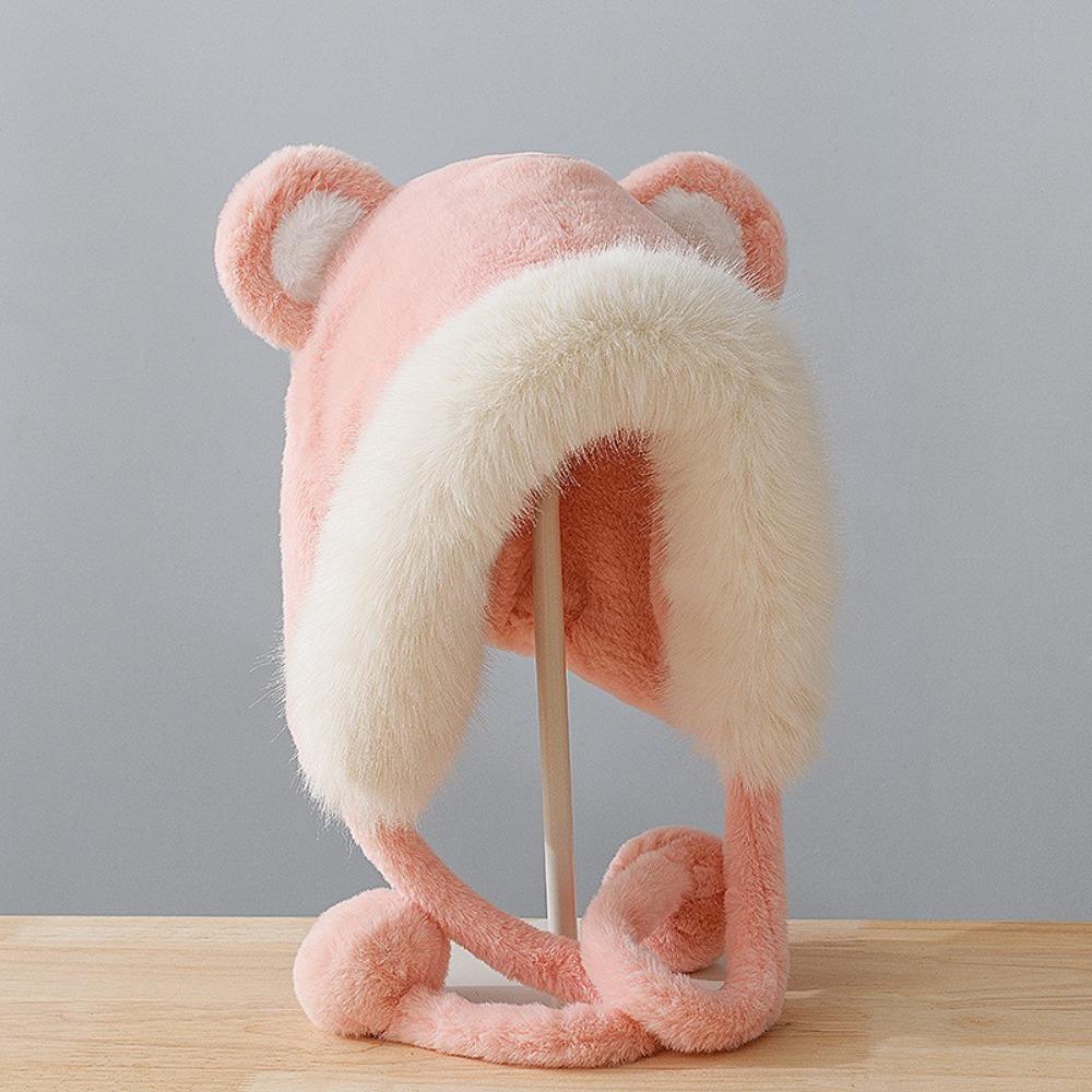 Warm Winter Hat Pompom Fluffy Skull Cap Stylish Bear Ears Hat  for Women
