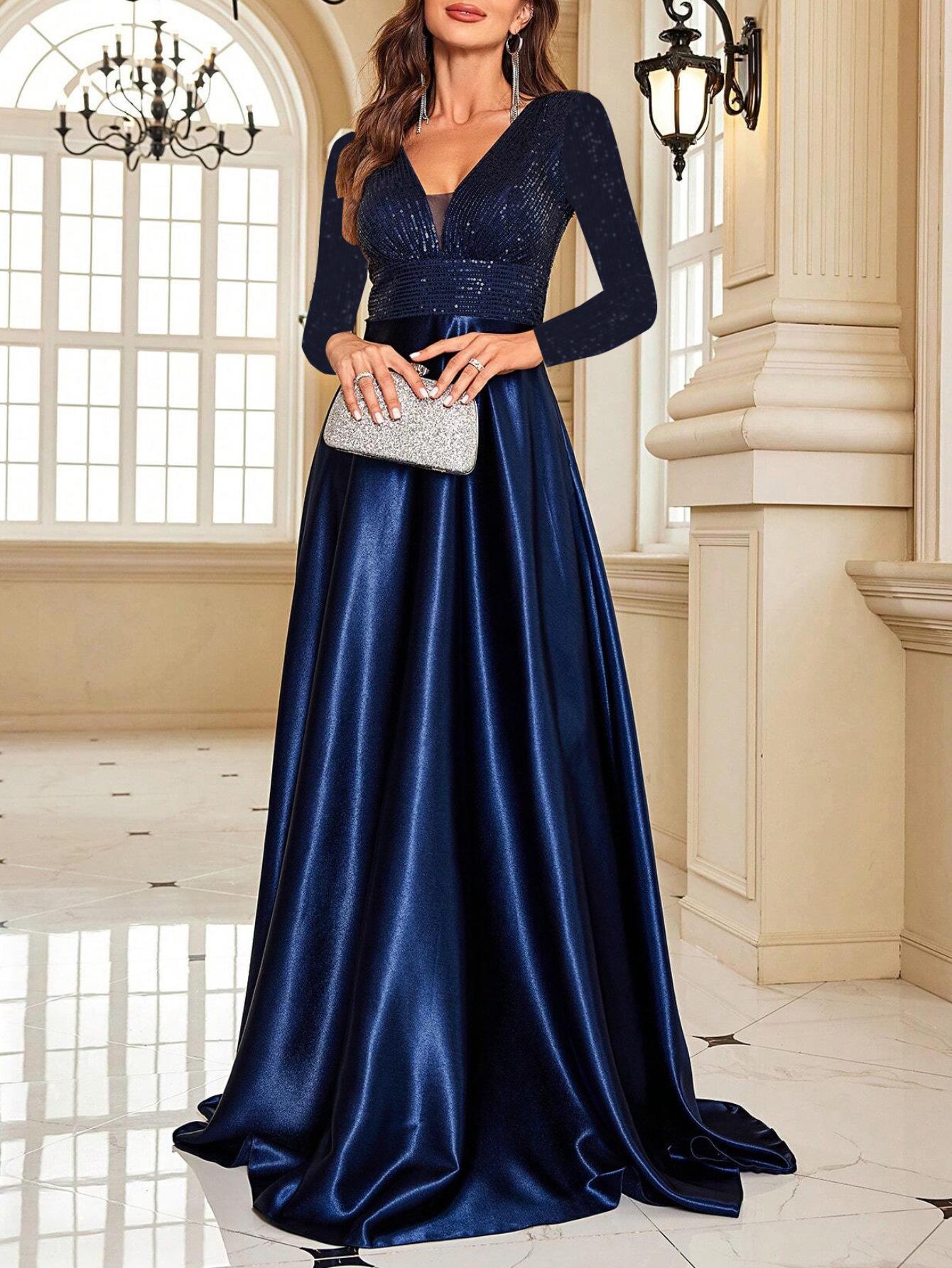 

Sequin Mesh V-Neck Long Sleeve A-Line Dress for Graduation, Ball, and Evening Events - Suitable for Spring, Autumn, and Winter. Medium королівський синій колір