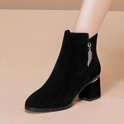 Women Boots Autumn Winter Elegant High Heels Ankle Boots Black Velvet Plush Warmth Shoes Fashion Pointed-toe Block Heel Boots