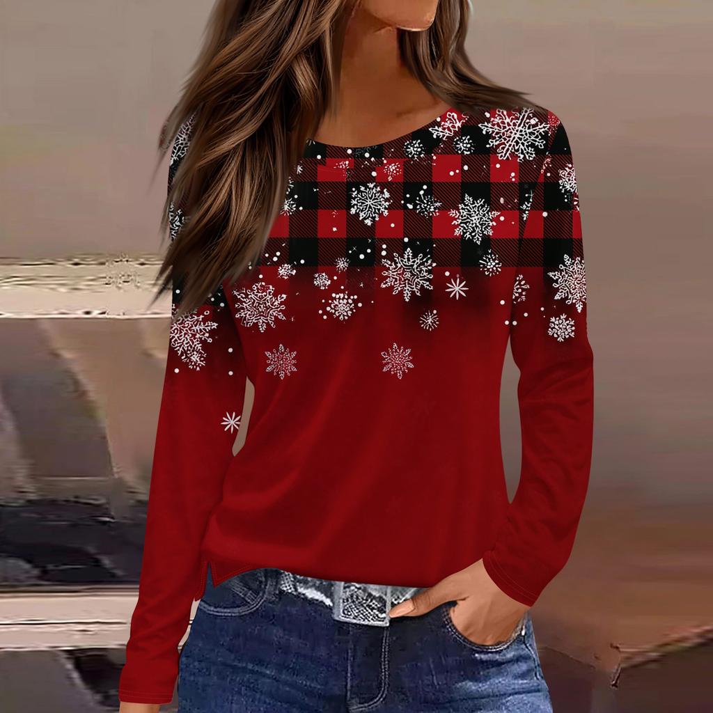 Dámská móda Ležérní rozparek na lemu Kulatý výstřih Dlouhý rukáv Volné vánoční potištěné tričko Dámský top
