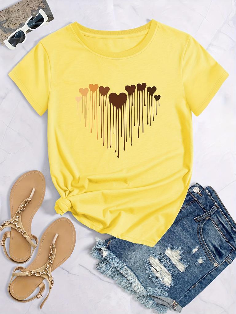 Damen Freizeit T-Shirt mit Liebesmuster Entspannter Chic Geometrischer Print Rundhalsausschnitt Kurze Ärmel Urbaner Stil Bedrucktes T-Shirt