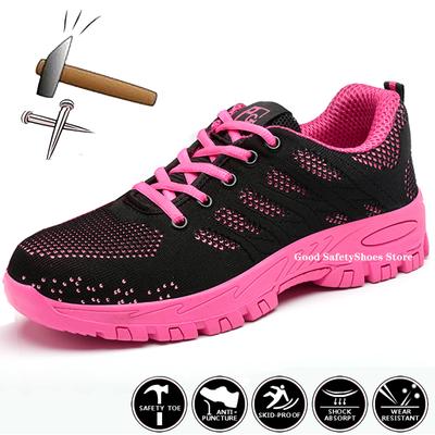 Zapatillas de trabajo transpirables, zapatos de seguridad para mujer, zapatos de trabajo ligeros antigolpes, botas protectoras para mujer, zapatos con punta de acero para mujer