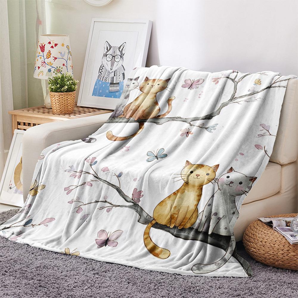 Butterfly Cat on a Branch  Print Flannel Blanket, High quality Comfortable for All Seasons, Home Decor, Warmth and Comfort