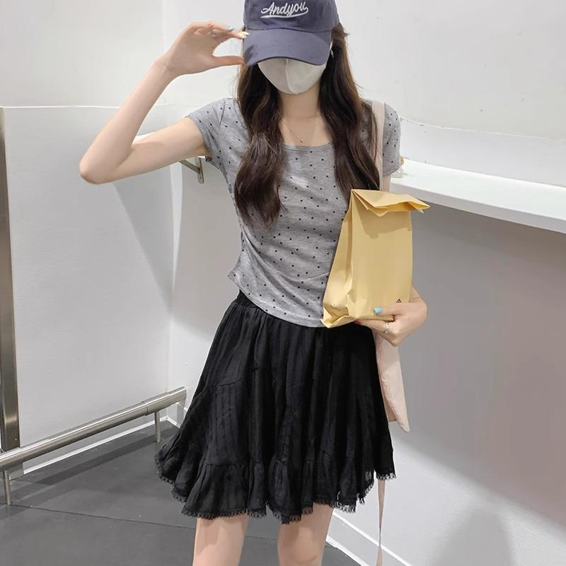 

Футболка с короткими рукавами и U-образным вырезом в горошек для женщин на лето, открывающая ключицы, чистое желание, сладкий и пряный дизайн, облегающий топ с короткими рукавами XL