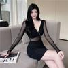 American Retro Sexy Hottie Black Long-sleeved Dress Women's Spring Slim Fit and Thin Inside Stack Wearing Hip Skirt