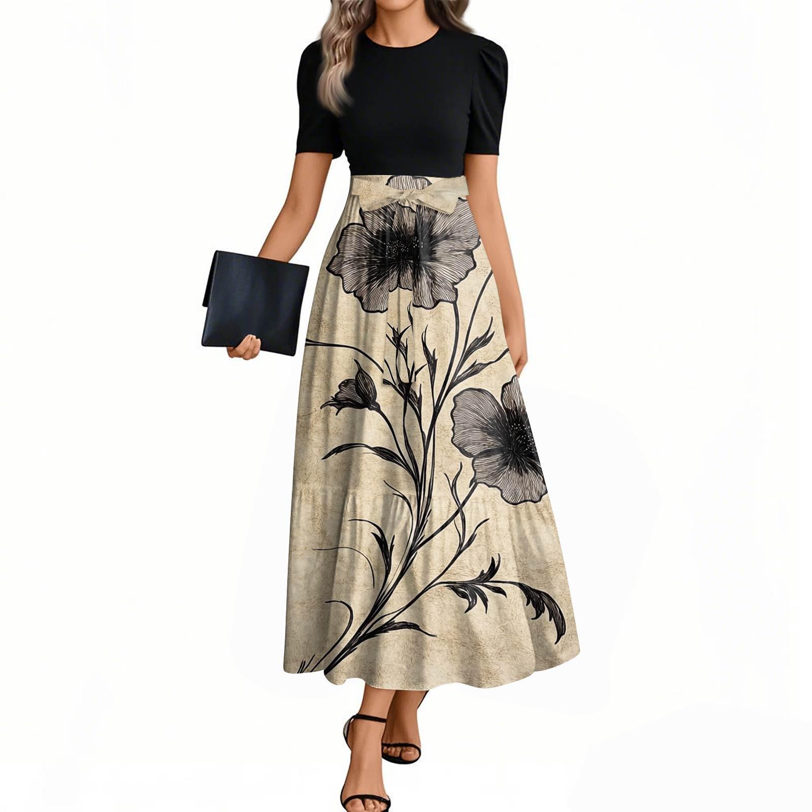 

Женские модные повседневные платья с поясом, короткими рукавами и круглым вырезом, с принтом, элегантные, темпераментные XXL хаки