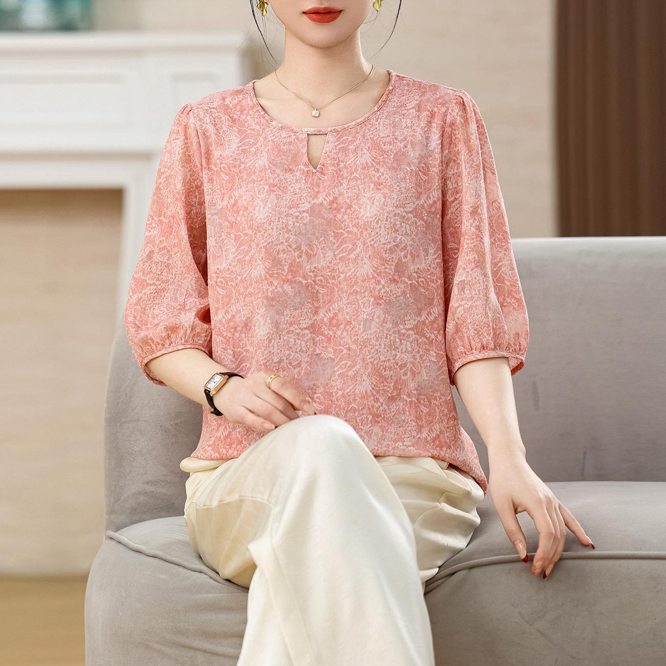 

Pink Tie-Dye Mid-Sleeve Women s Top - Round Neck, Lantern Sleeves, Loose Fit 2XL