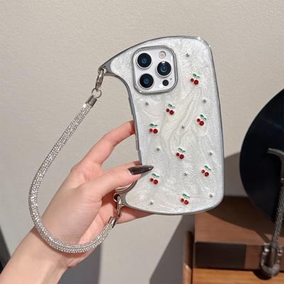 Coque d'épaule Perle & Cerise pour iPhone Série 12-17 — Lanière Étincelante Ajustable, Design Frais d'Été