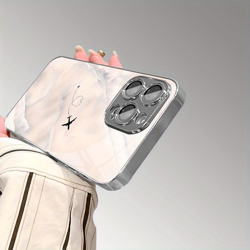 Travel Plane Love Heart Pattrn Tempered Glass Electroplated Silver Phone Case For Samsung Galaxy S25 S24 S23 Ultra Plus FE Cover