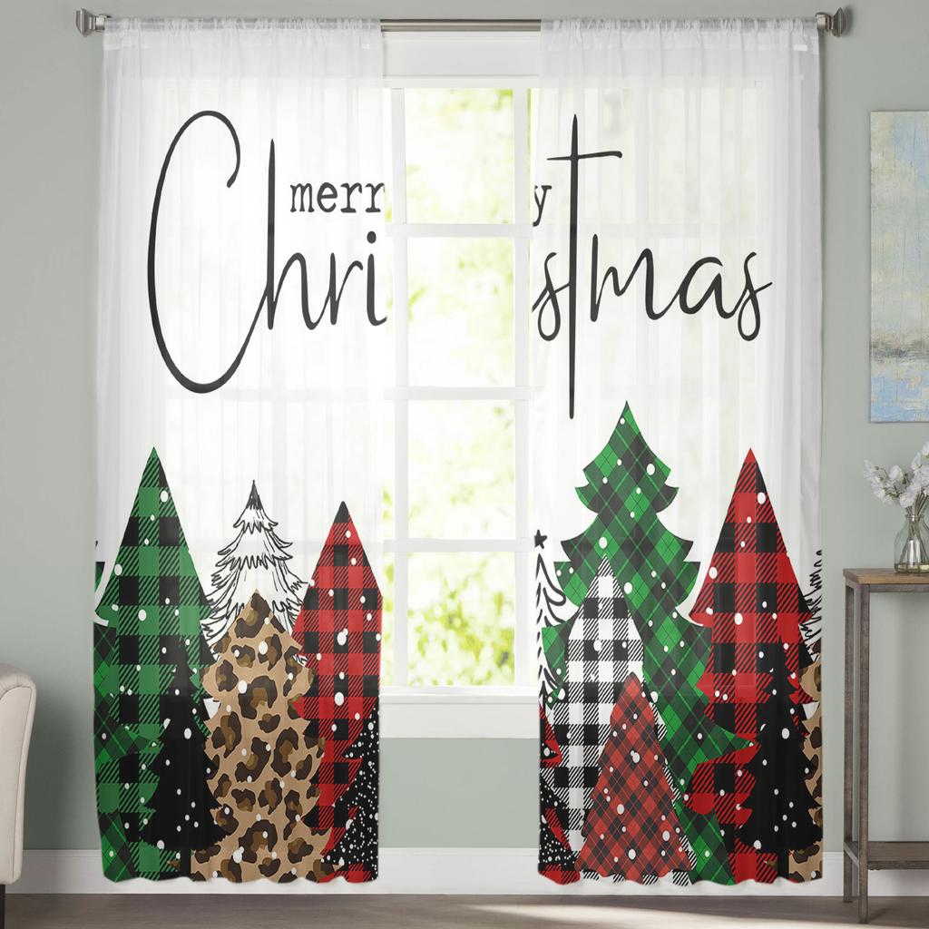 Christmas Tree Leopard Snowflake Living Room Transparent Tulle Window Curtain Bedroom Kitchen Decor Veil Drapes Curtains