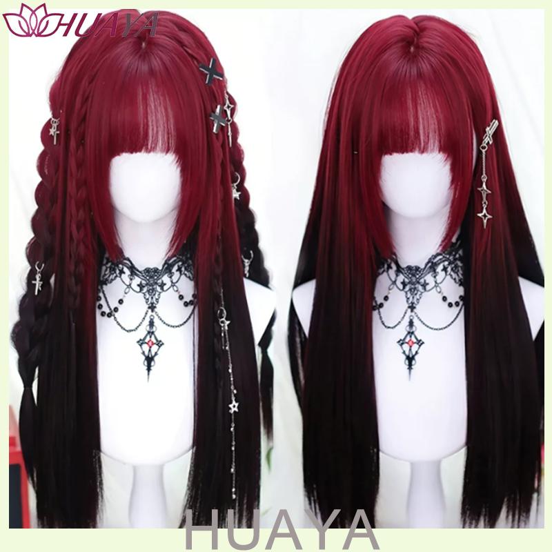 Parrucca Lunga Dritta Ombré Rosso-Nero per Halloween, Fibra Sintetica con Frangia, Parrucca Cosplay Facile da Indossare per Donne