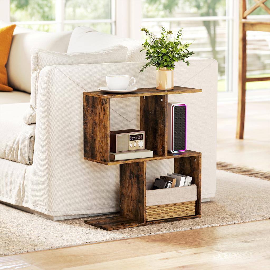 Side Table, Narrow End Table with Storage Shelves, S-Shaped, 3-Tier, 50W x 19.5D x 58H cm, Rustic Brown