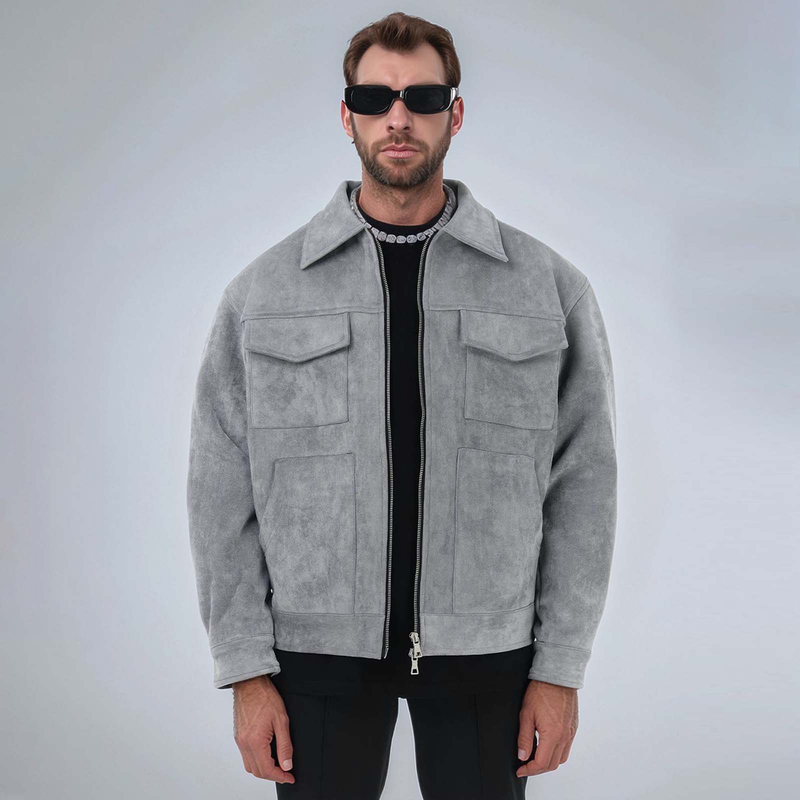 

Мужская однотонная куртка с лацканами, повседневная удобная утолщенная куртка на молнии с большими карманами S