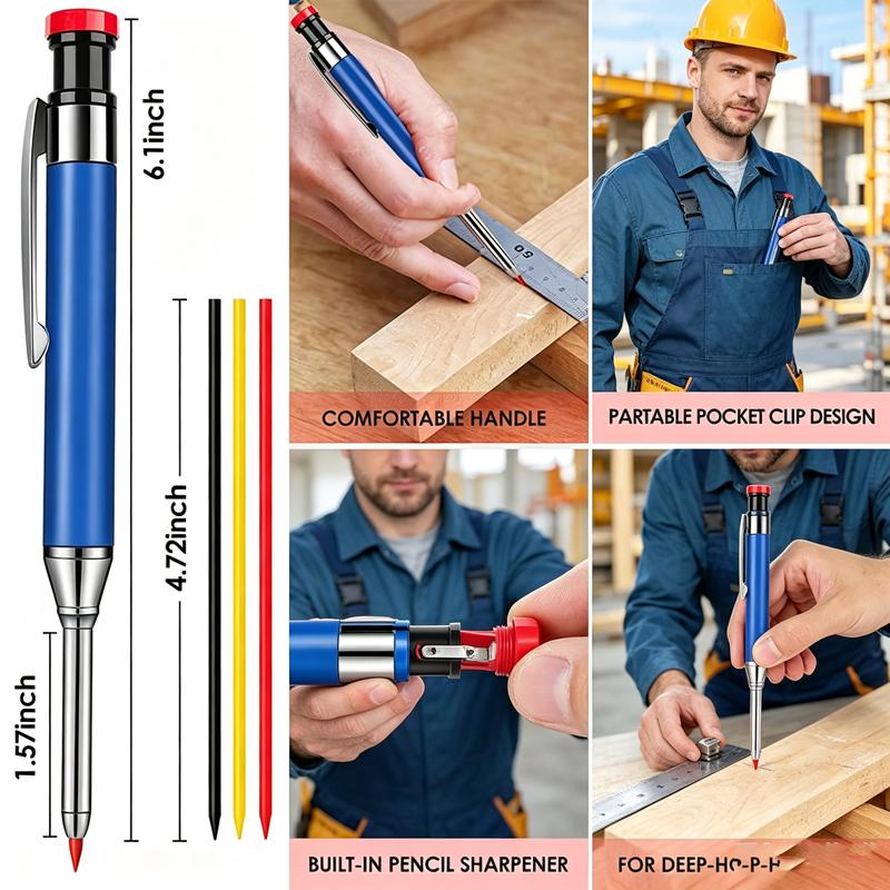 Solid Carpenter Deep‑Hole Mechanical Pencil with Refill Leads, Woodworking Metal Marking Tool for Deep Hole Marking