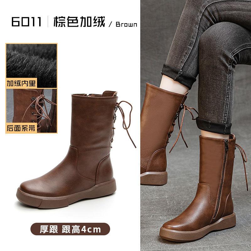 Vielseitige Retro-Herbst- und Winter-Leder-Martin-Stiefel Damen Braun Dicke Ferse Plateau Ritterstiefel Samt Warm Damenstiefel