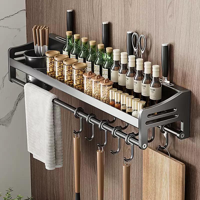 Gun Gray Punch-Free Wall-Mounted Kitchen Spice Rack: Multifunctional Storage Shelves