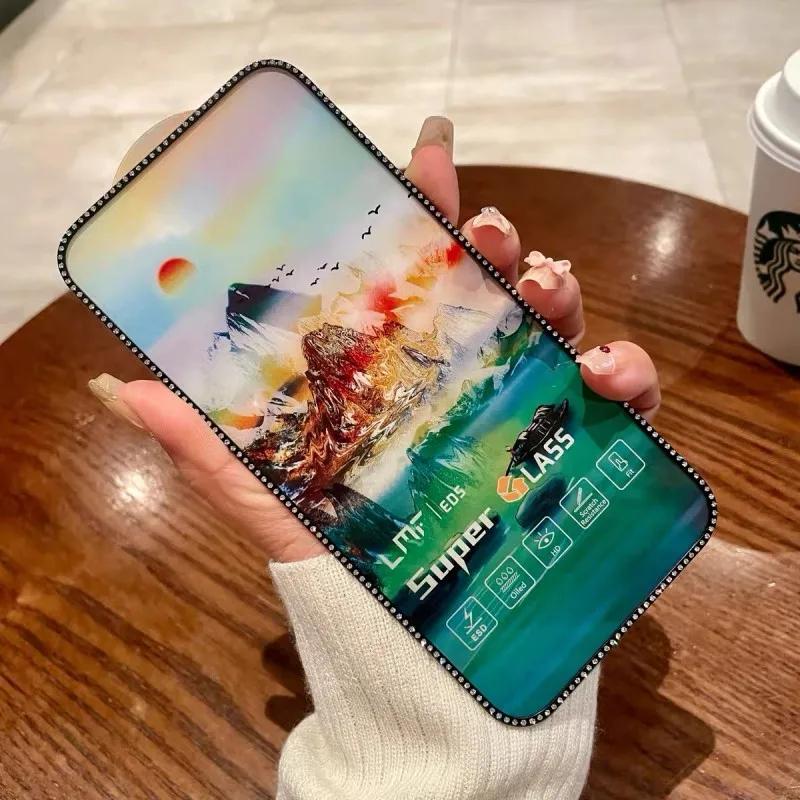 New Diamond Plated Tempered Glass For Iphone 16 15 14 13 12 11 Pro Max X XS XR XS Max 3D Stereoscopic Diamond Inlaid Anti Peeping Matte Glass