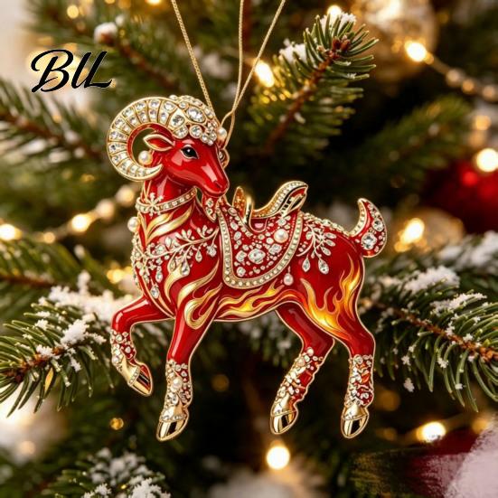 Decorative Goat Figurine Acrylic Christmas Tree Pendant, Hanging Ornament with Collectible Holiday Ornaments Rhinestone, Golden Cord for New