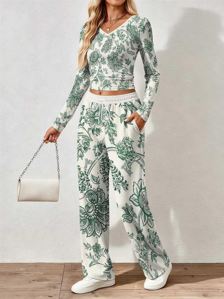 Spring and Autumn Ladies V-Neck Long Sleeve Pants Set Comfortable Casual Versatile Slim Two-piece Set