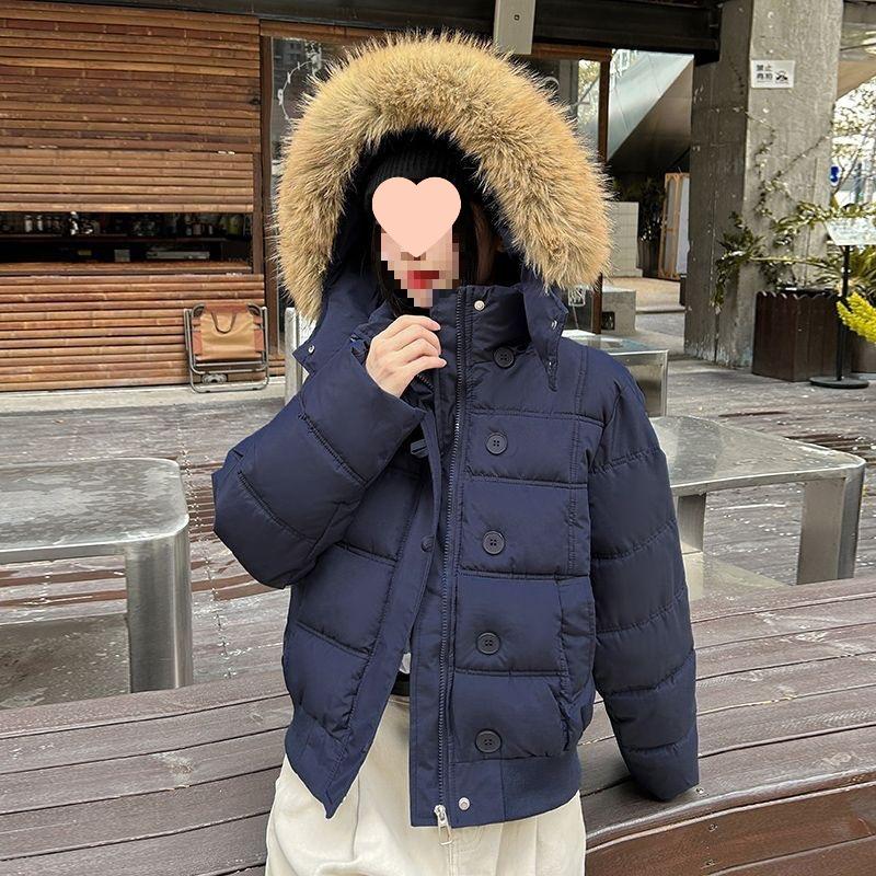 Women's Dark Blue Retro Winter Fur Collar Hooded Short Cotton Coat