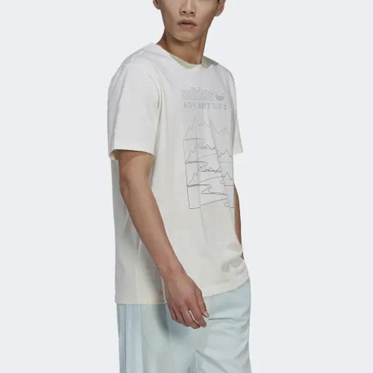 adidas Originals ADVENTURE MOUNTAIN FRONT T Shirts Men's White Crew Neck Moderate Straight Fit HK5006