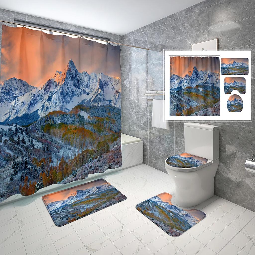 Snow Mountain Shower Curtain Set Waterproof Winter Natural Scenery Shower Curtain With Hook Non-Slip Bath Mat Toilet Lid Cover