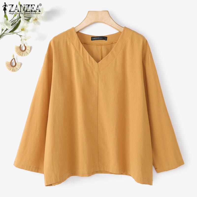ZANZEA Women Loose Casual V-Neck Solid Color 3/4 Sleeve Cotton Blouse