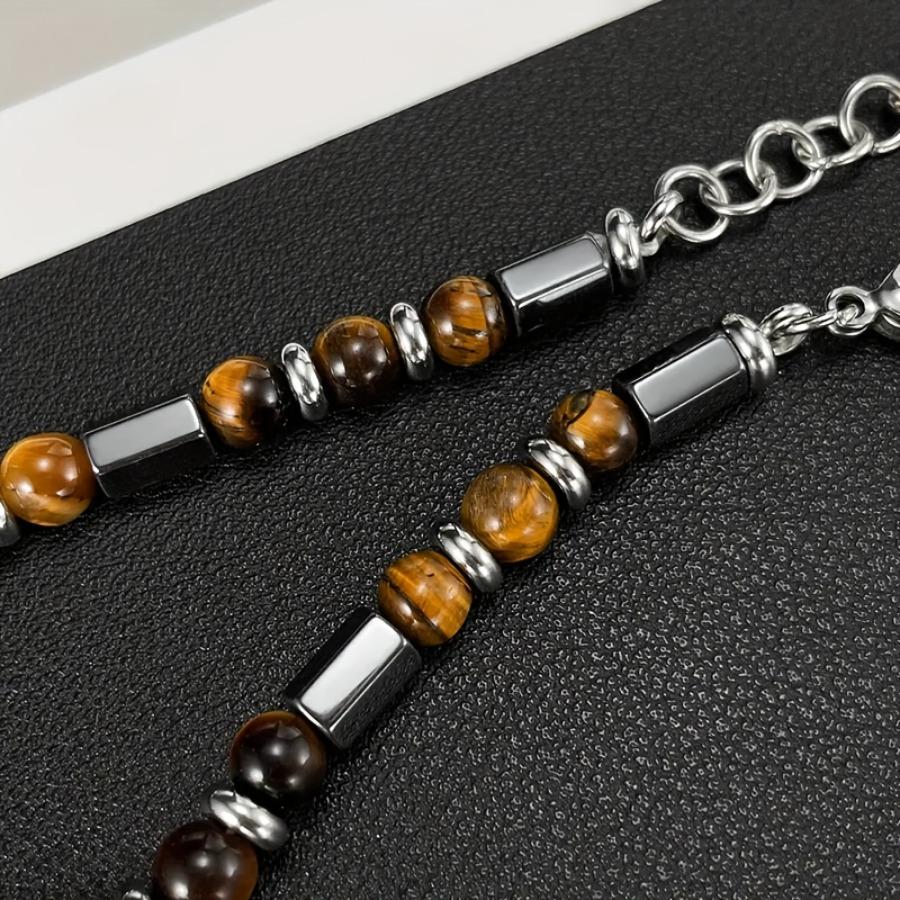 Bohemian Style Men's Stainless Steel Bracelet with Natural Tiger Eye Stone Beads - Fashionable Geometric Design Accessory