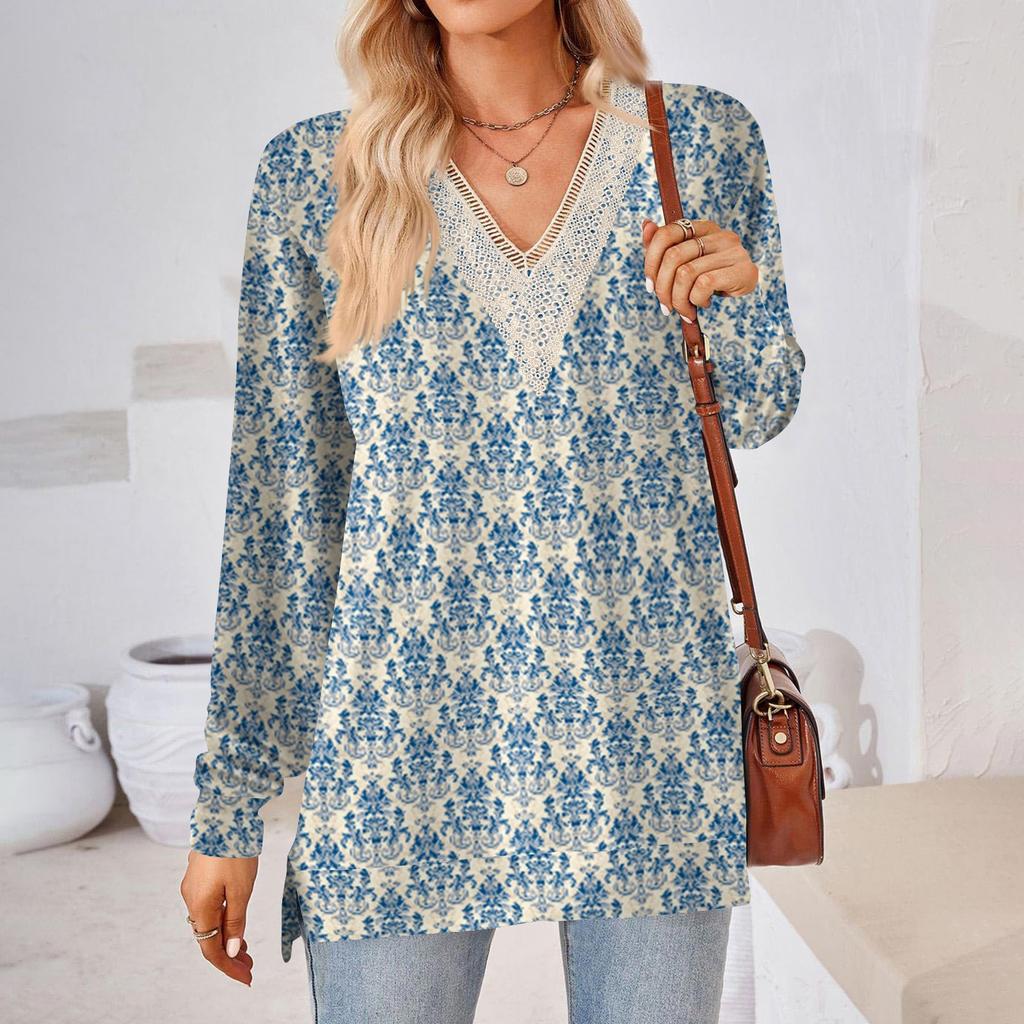 Womens Tops Loose V-neck Contrast Color Split Loose Long Sleeve T-shirt Women's Tops