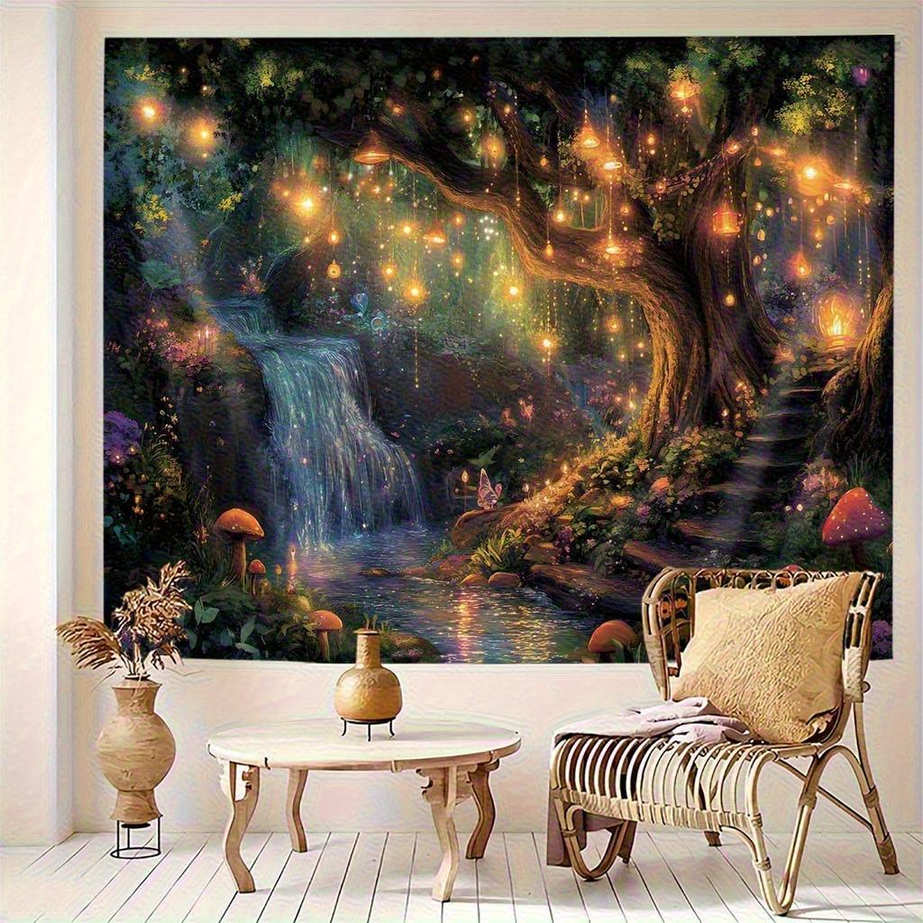 Verzauberter Wald mit leuchtenden Laternen Wasserfall und Pilzen Wandteppich 2D Flachdruck Fantasy Kunst Natur Dekor Boho Stil