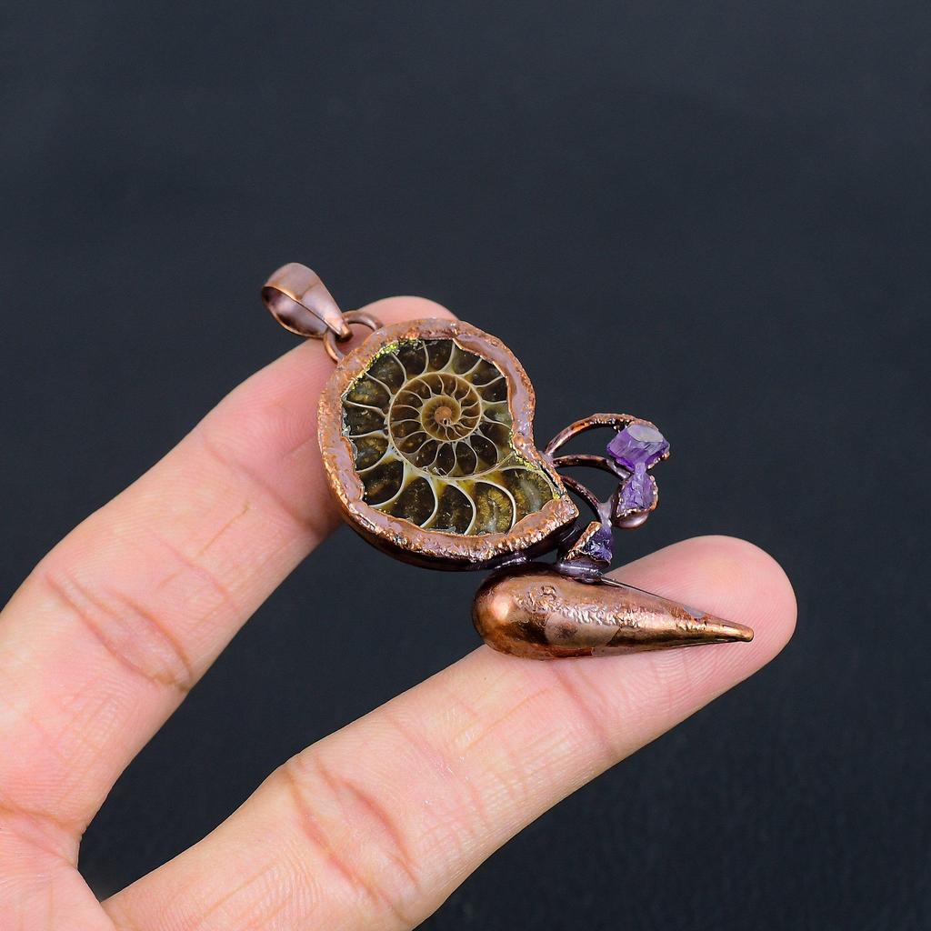 Ammonite Fossil Pendant, Gemstone Copper Electroformed Jewelry Pendant, Handmade Jewelry Beautiful Pendant