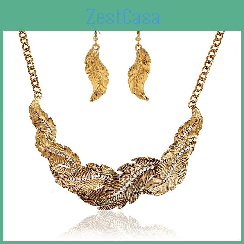 Rhinestone Decoration Fashion Feather Design Women Gold Necklace And Earring Set