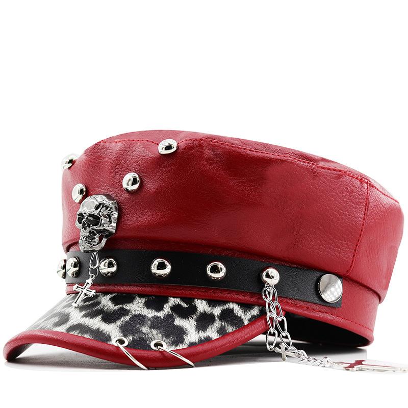 Women's Y2k Trendy Beret Fashion PU Leather Cool Punk Skull Spike Cap Flat Top Captain Military Caps Women's Accessories