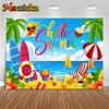 Mocsicka Hello Summer Beach Backdrop Ocean Photography Background Surfboard Palm Trees Party Kid Photo Booth Studio Props Poster