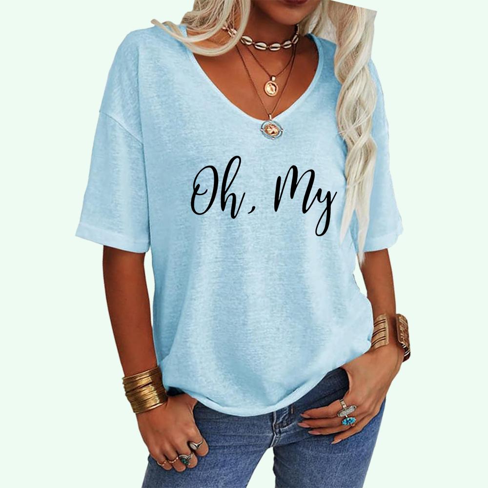Women Fashion Letter Print Tee Shirt Summer Casual V-neck Top Loose Short Sleeve T-shirt