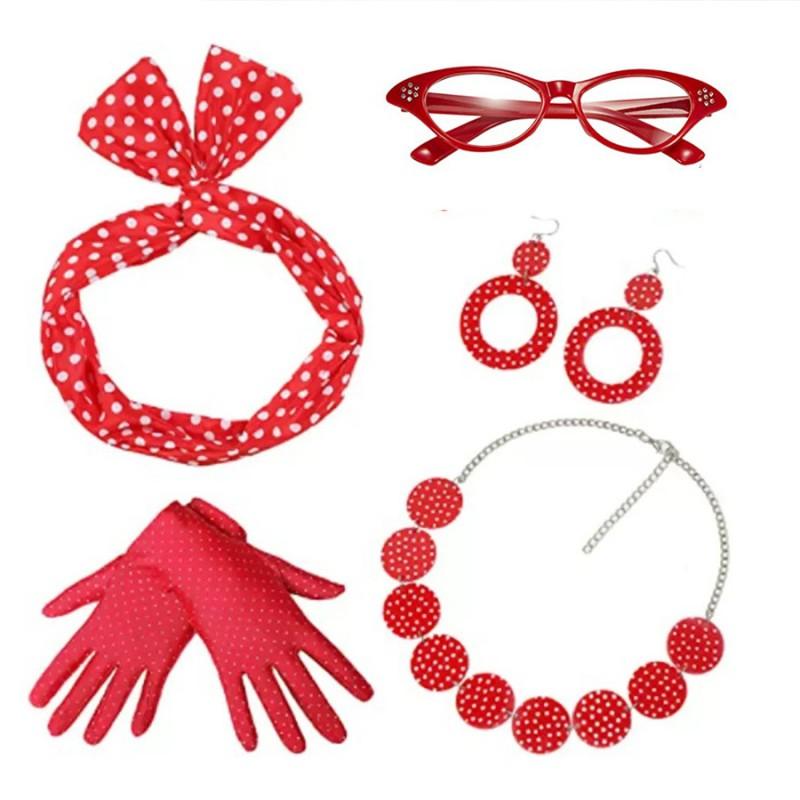 Festival Party Cosplay Set 1950s Retro Polka Dot Earrings Headband Glasses Costume