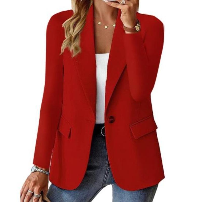 Women Suit Coat Lapel Long Sleeve Single Button Suit Jacket with Flap Pockets Solid Color Work Office Business Outerwear
