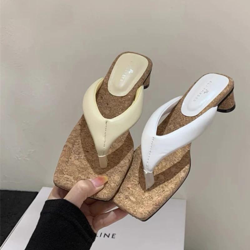 High Heels Women Slippers Square Toe Clip Toe Sandals Summer Shoes 2025 New Chunky Dress Pumps Casual Flip Flops Woman Slides