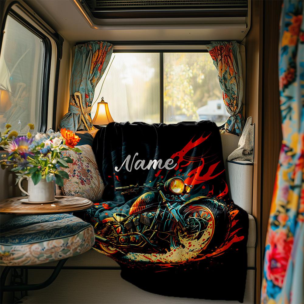 Motorcycle Flames Personalized Name Blanket Personalized Name Soft Comfortable Stylish Blanket Car Blanket Perfect For Travel Camping Outdoor Home