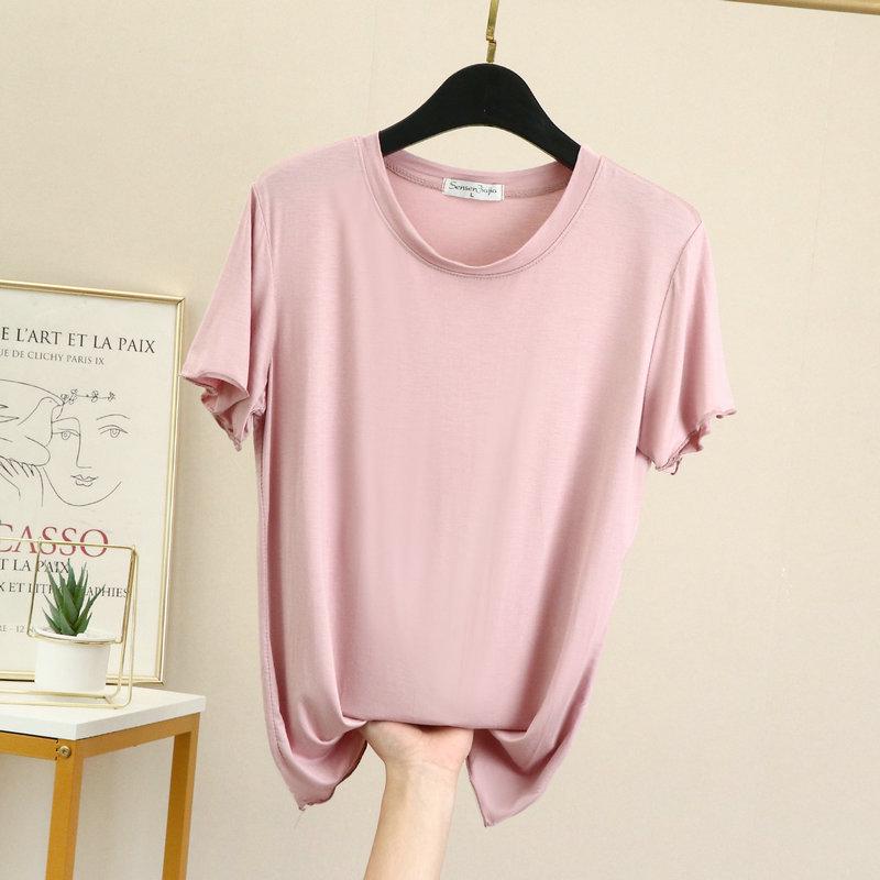 Women's Summer Modal Ruffle Trim T-shirt - Short Sleeve, Loose-Fit, Slimming Half Sleeve