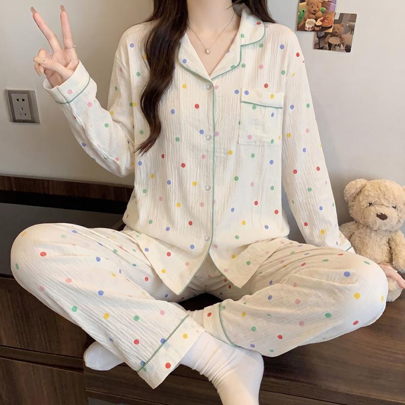 Color polka dot pajamas women's long-sleeved trousers spring and autumn cloud cotton suit casual cardigan simple loungewear